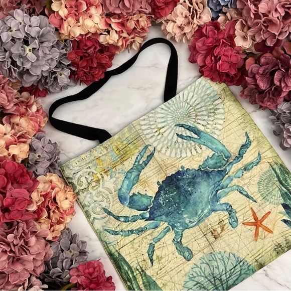 Eco-Friendly Nautical Blue Crab Folding Tote Bag - Picture 3 of 15